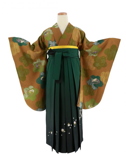 卒業式袴レンタルNo.486[レトロ]茶×黄土色ストライプ・抹茶青緑桜